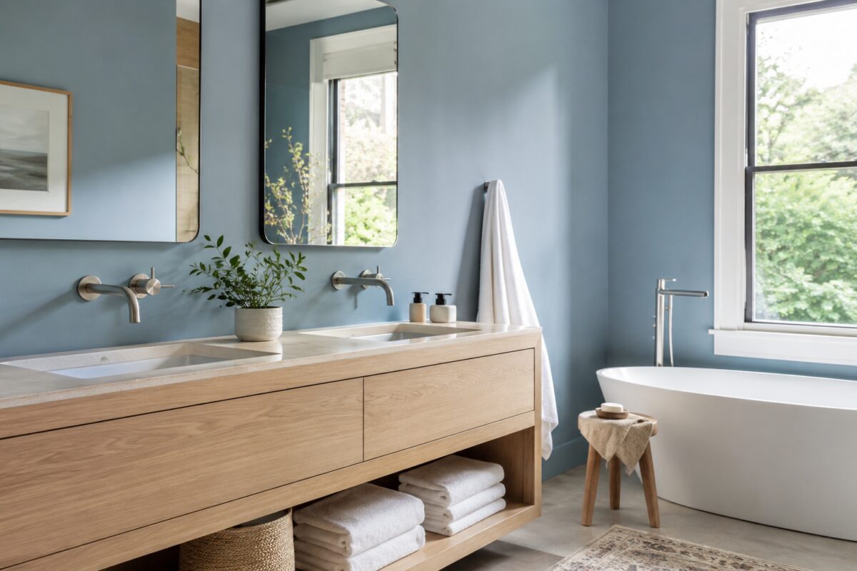 Bagno luminoso con parete blu polvere e mobile in legno chiaro