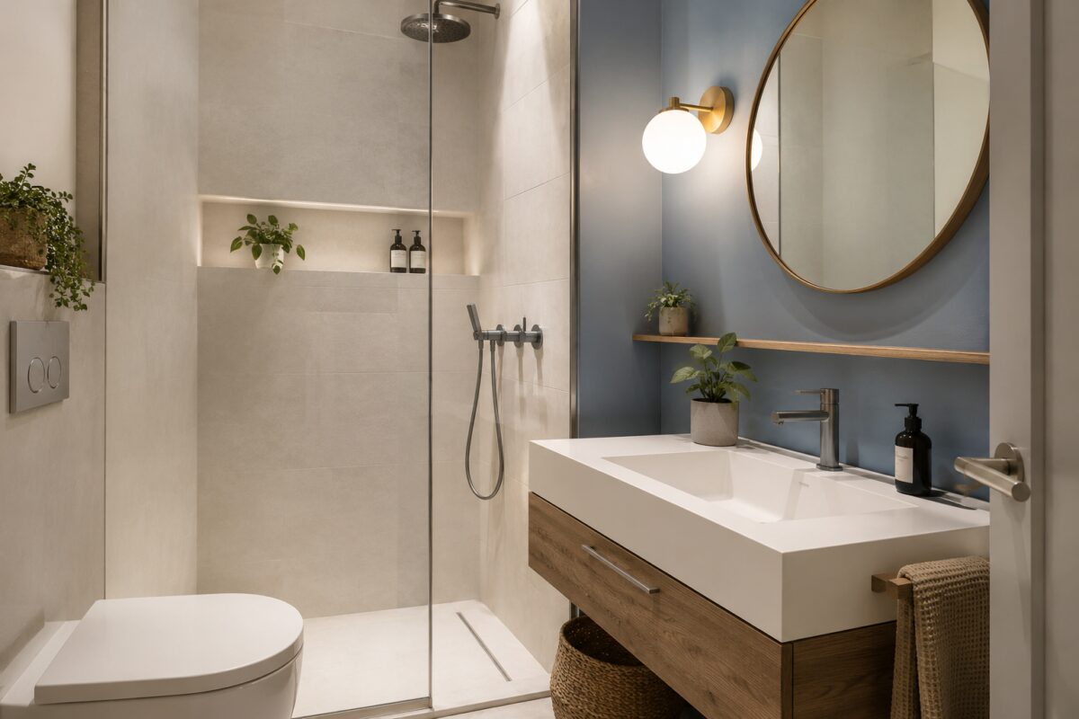 Piccolo bagno con parete blu polvere e luce calda