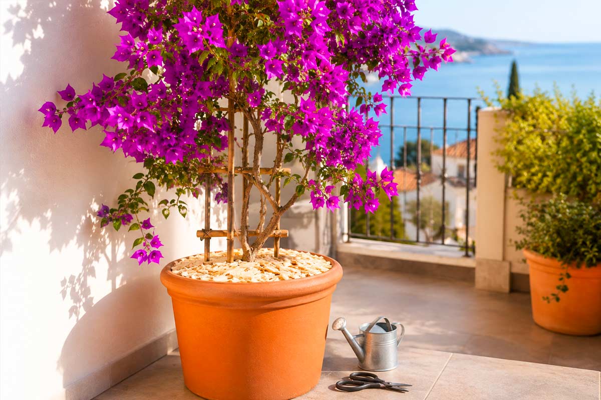 Bougainvillea in vaso a luglio: il controllo che salva fiori e foglie quando il balcone brucia