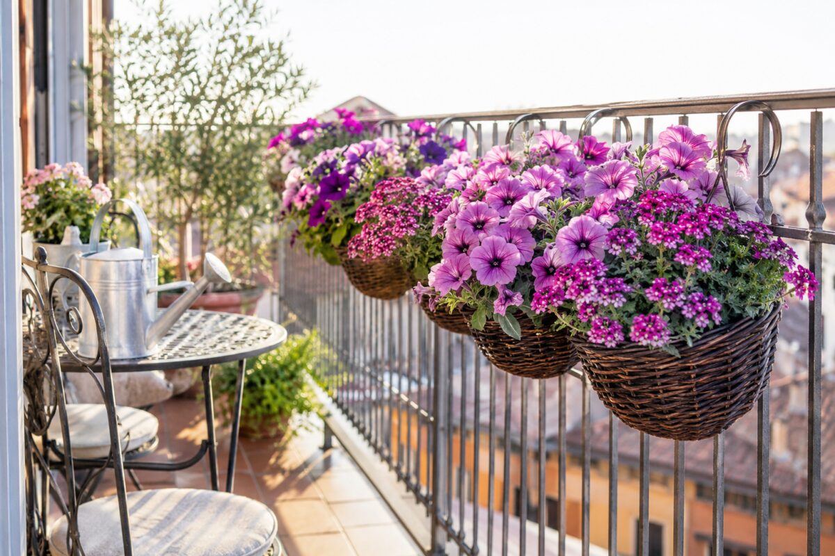 Cesti fioriti appesi su balcone estivo con annaffiatoio e pacciamatura leggera