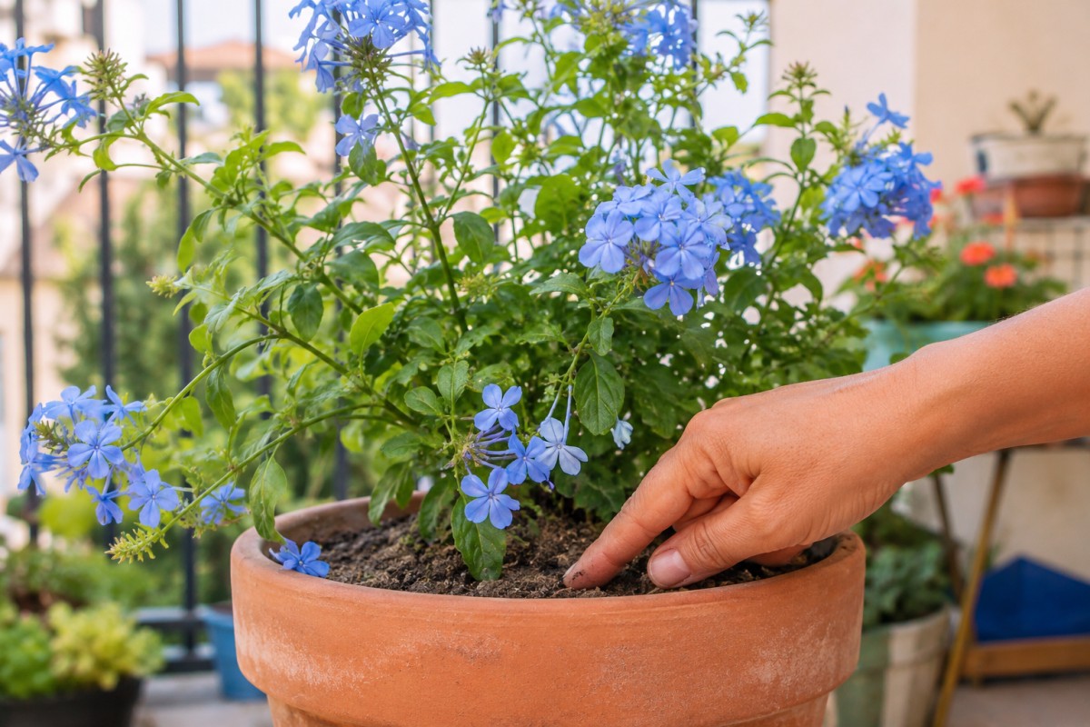 Controllo del terriccio di un plumbago in vaso durante il caldo
