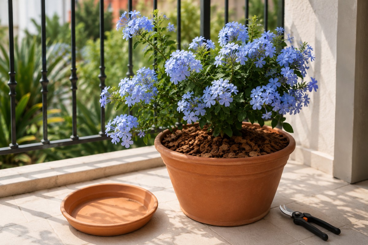 Plumbago in vaso con pacciamatura e forbici da potatura sul balcone