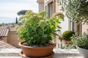Sedum spectabile in vaso di terracotta su balcone assolato