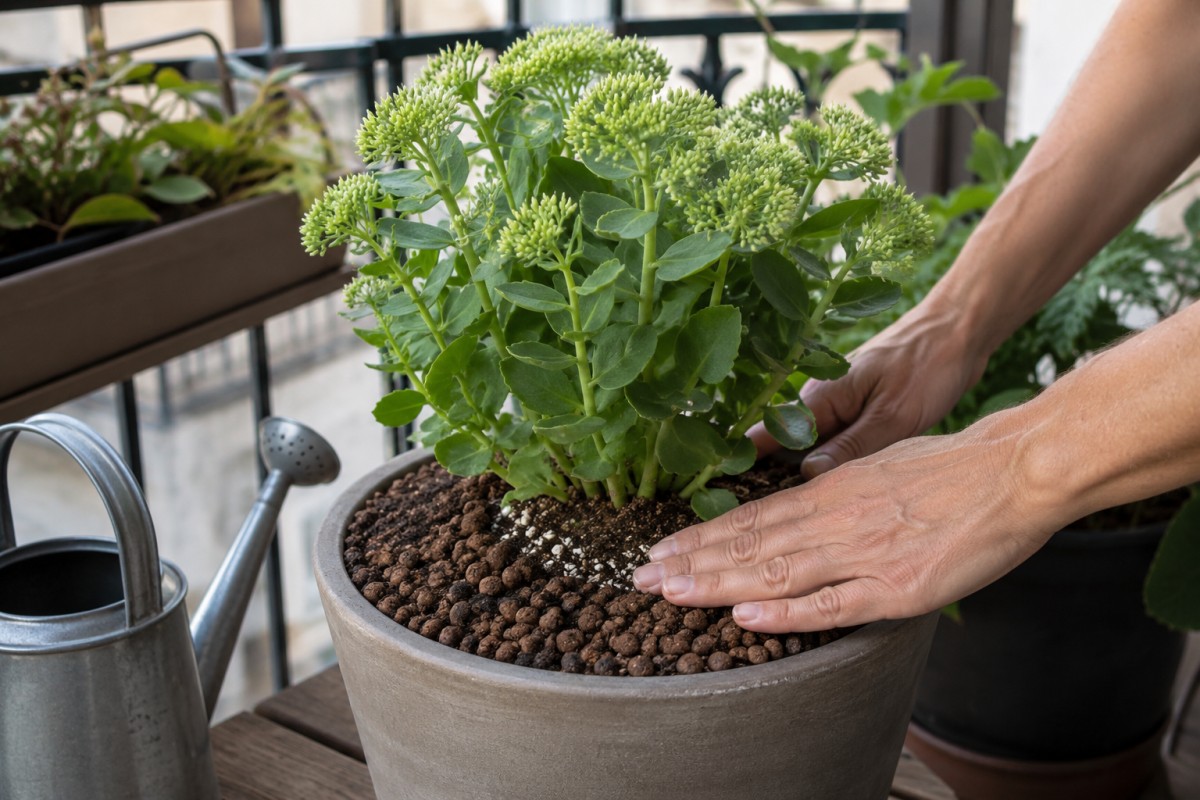 Controllo del drenaggio in un vaso di sedum con terriccio minerale