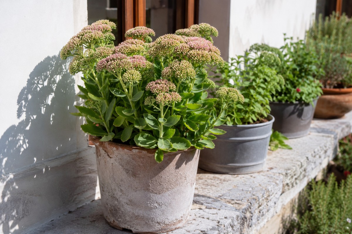 Sedum spectabile esposto al sole su un davanzale esterno
