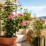 Dipladenia rosa in vaso su balcone estivo luminoso