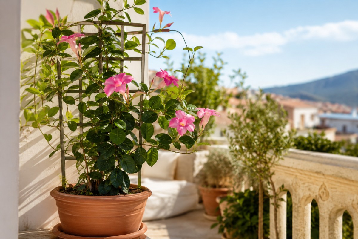 Dipladenia rosa in vaso su balcone estivo luminoso