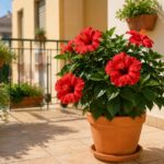Ibisco rosso in vaso su balcone luminoso a luglio