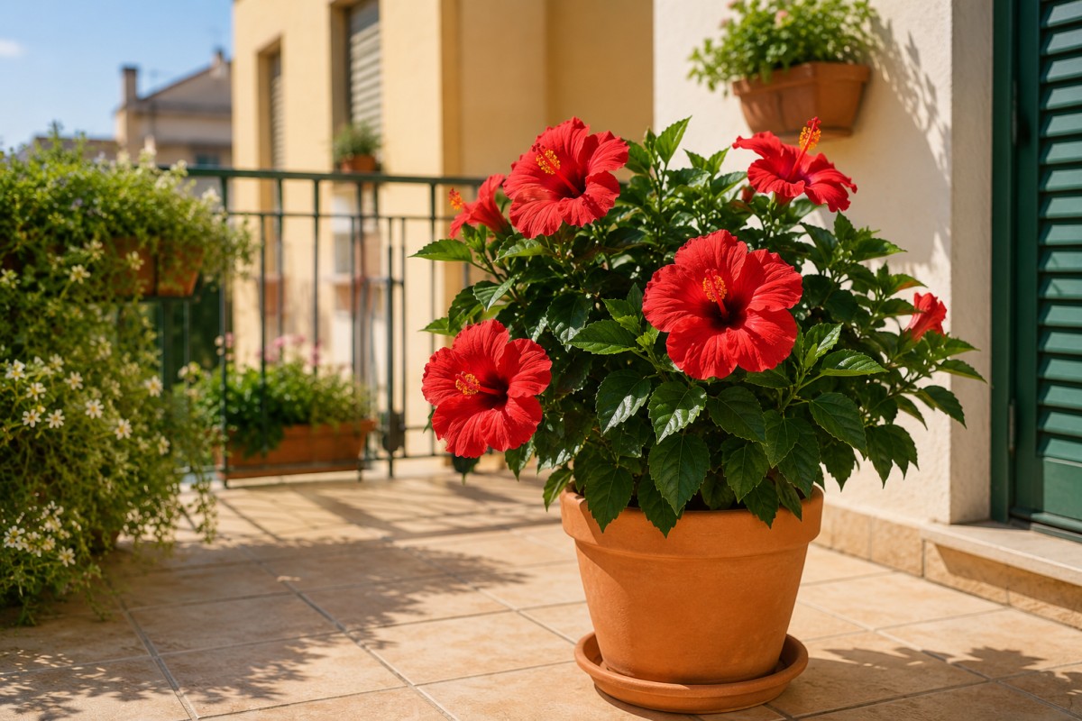 Ibisco rosso in vaso su balcone luminoso a luglio