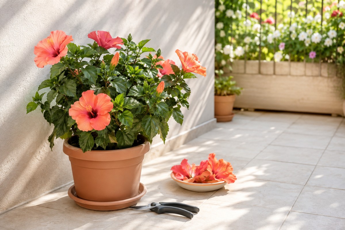 Pulizia dei fiori appassiti su ibisco coltivato in vaso