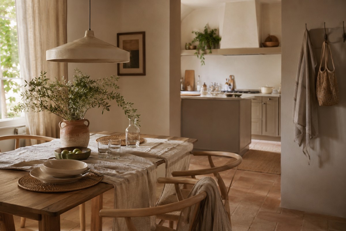 Zona pranzo collegata a cucina tonale taupe e beige caldo