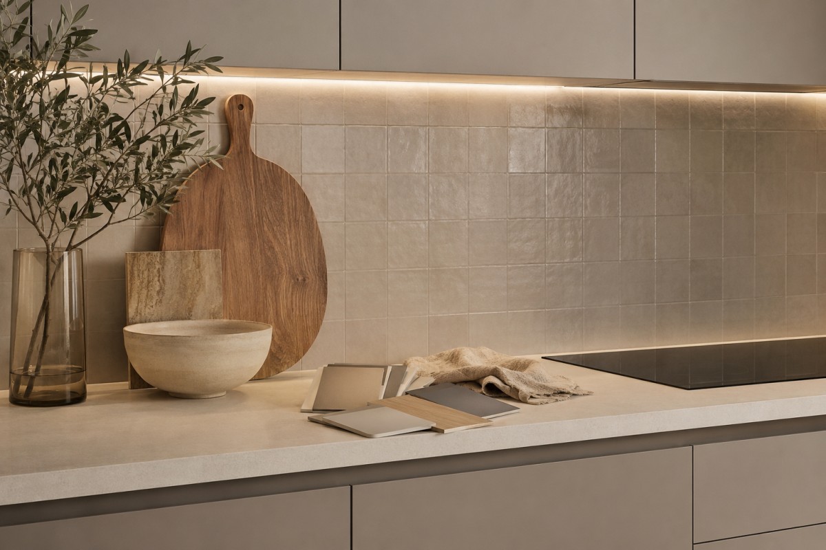 Campioni colore e finiture tono su tono per cucina greige
