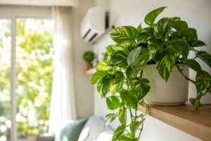 Pothos rigoglioso in casa luminosa durante luglio