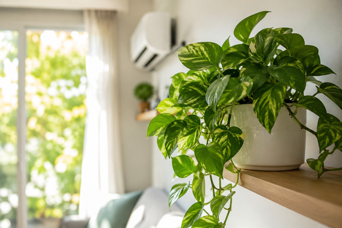 Pothos rigoglioso in casa luminosa durante luglio