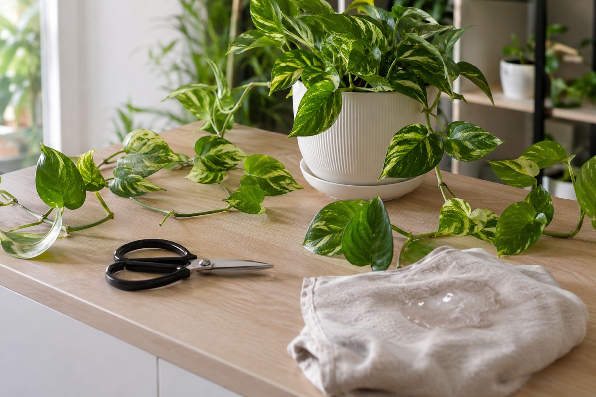 Pothos con tralci ordinati e strumenti per la pulizia delle foglie