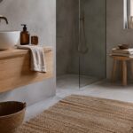 Bagno grigio riscaldato con legno chiaro e tessili color argilla