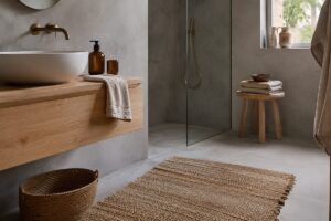 Bagno grigio riscaldato con legno chiaro e tessili color argilla