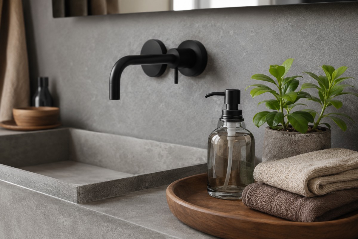 Lavabo grigio con vassoio in legno e dispenser in vetro ambrato