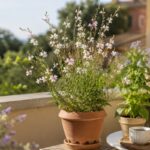 Gaura in vaso su balcone luminoso con fiori bianchi e rosa in estate