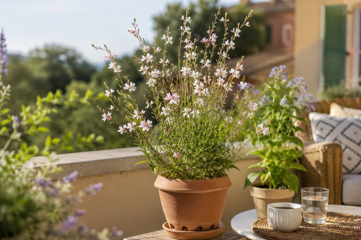 Gaura in vaso su balcone luminoso con fiori bianchi e rosa in estate