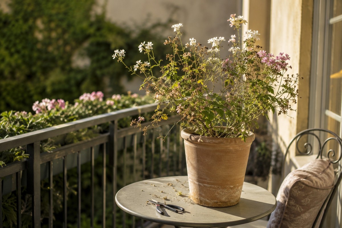 Gaura in vaso dopo la pulizia dei fiori secchi con cesoie sul tavolino