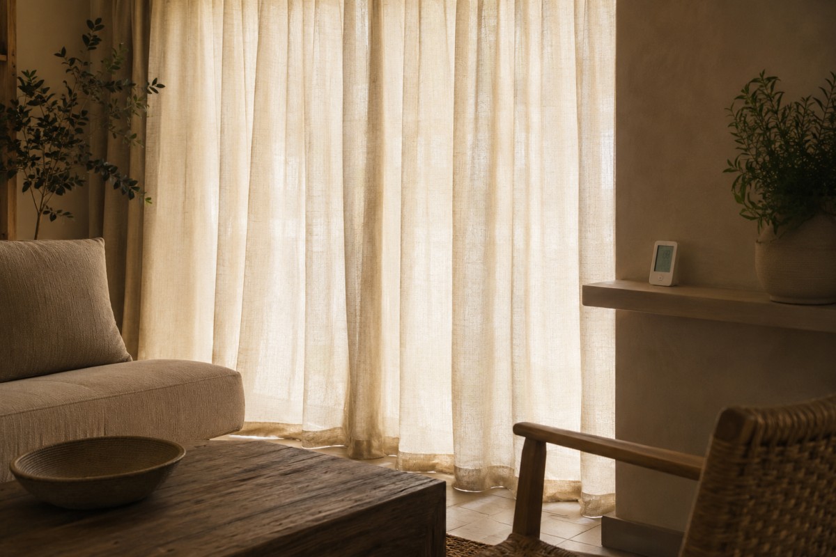 Soggiorno con tende filtranti chiuse nelle ore calde e luce diffusa