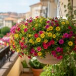 Calibrachoa in vaso sospeso con fiori colorati su balcone estivo