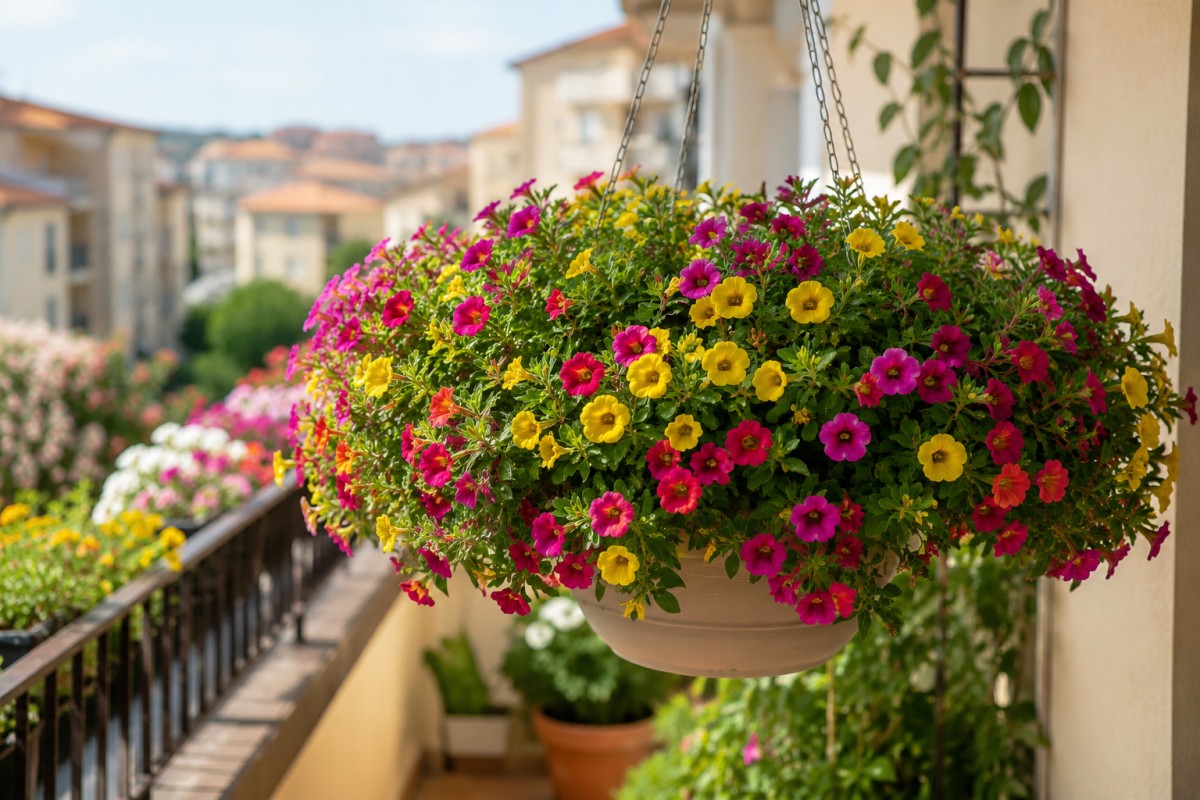 Calibrachoa in vaso sospeso con fiori colorati su balcone estivo