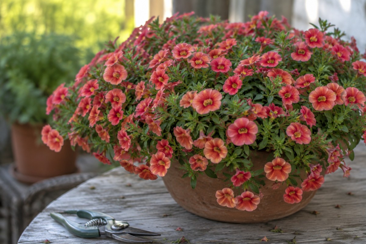Calibrachoa pulita dai fiori secchi con forbicine da giardinaggio