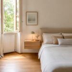 Camera piccola luminosa con comodino sospeso in legno chiaro accanto al letto