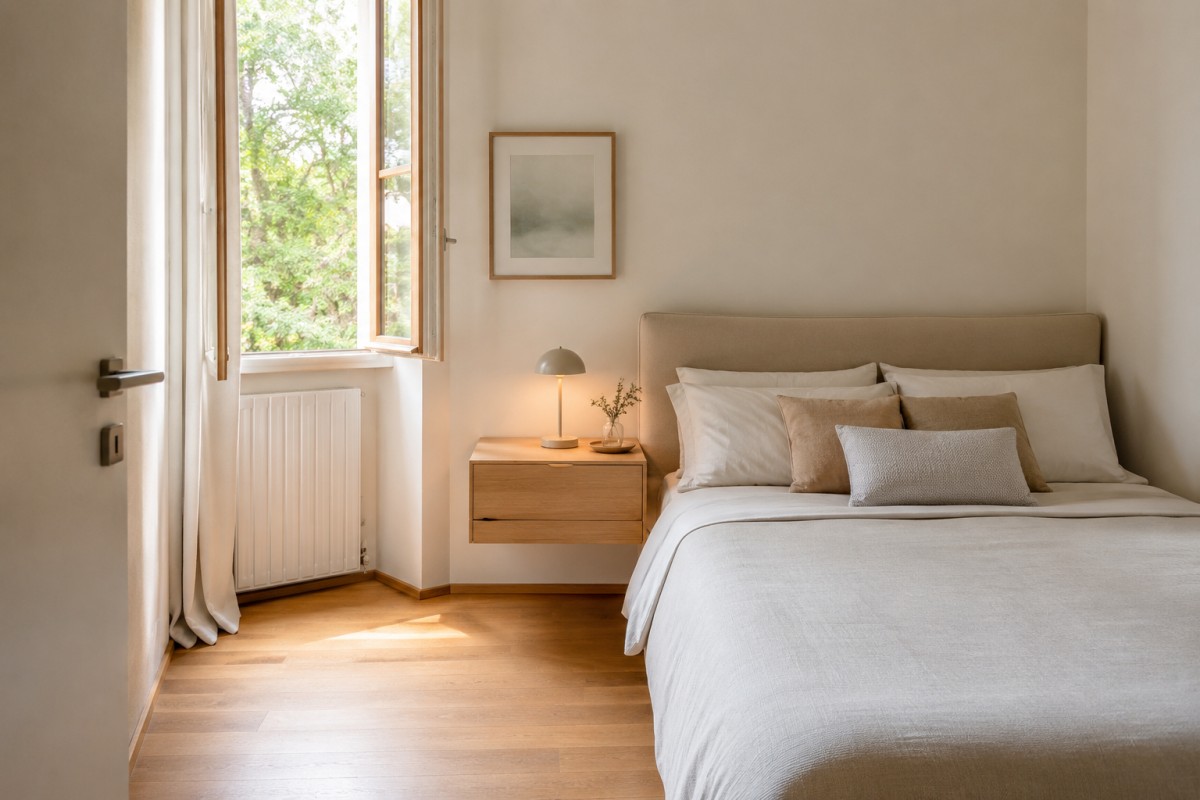 Camera piccola luminosa con comodino sospeso in legno chiaro accanto al letto