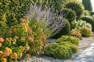 Bordura mediterranea al sole con lantana, sedum e perovskia