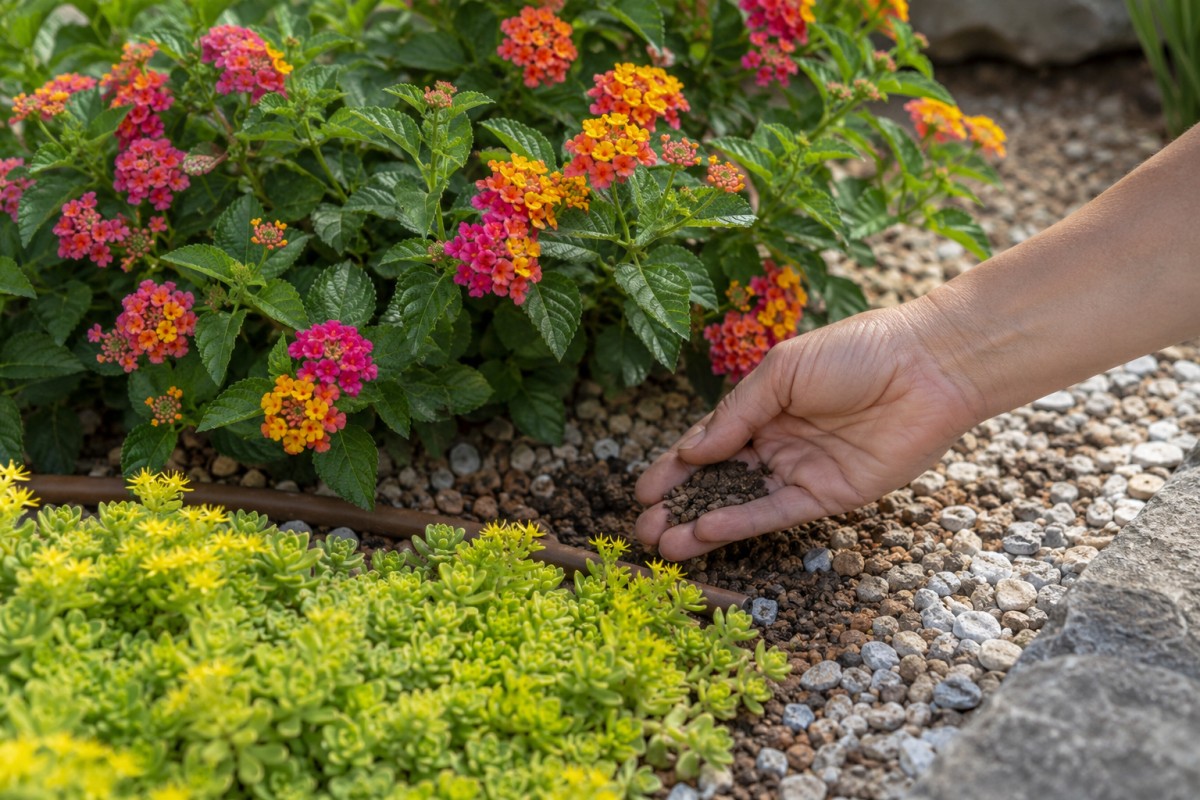 Dettaglio di lantana e sedum in terreno drenante con pacciamatura