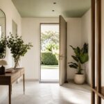 Ingresso moderno con soffitto color salvia chiaro e consolle in legno