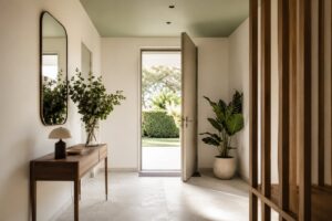 Ingresso moderno con soffitto color salvia chiaro e consolle in legno