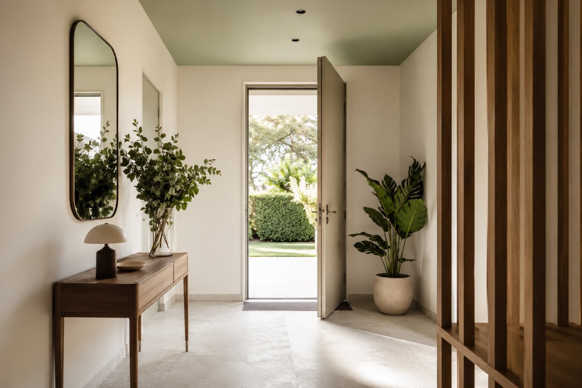 Ingresso moderno con soffitto color salvia chiaro e consolle in legno