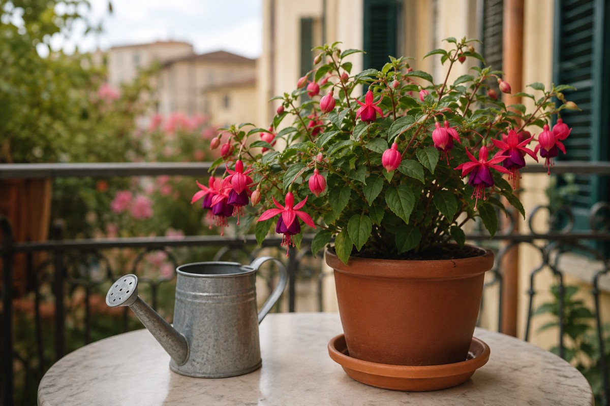 Controllo dell’acqua per una fucsia in vaso con annaffiatoio sul balcone