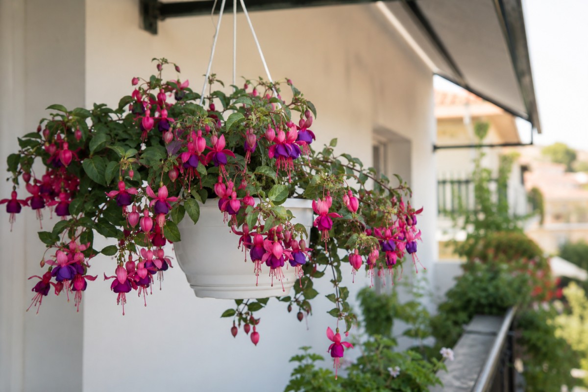 Fucsia in vaso su balcone ombreggiato durante il caldo di luglio