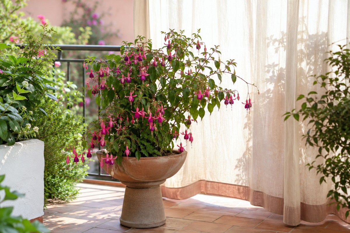 Fucsia protetta da luce filtrata e vaso rialzato in balcone estivo