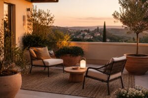 Terrazzo estivo elegante con tappeto grande, vasi neutri e lampada ricaricabile