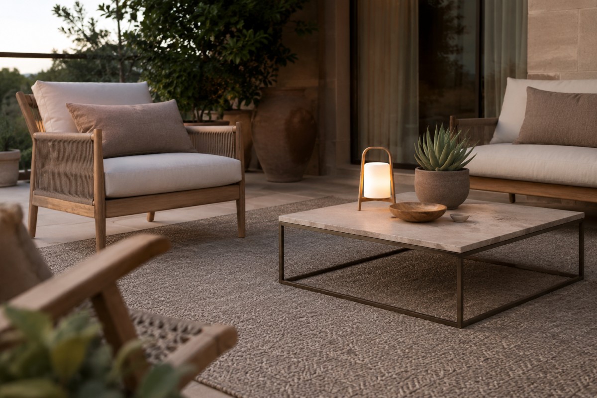 Dettaglio di tappeto outdoor grande sotto le sedute e lampada portatile