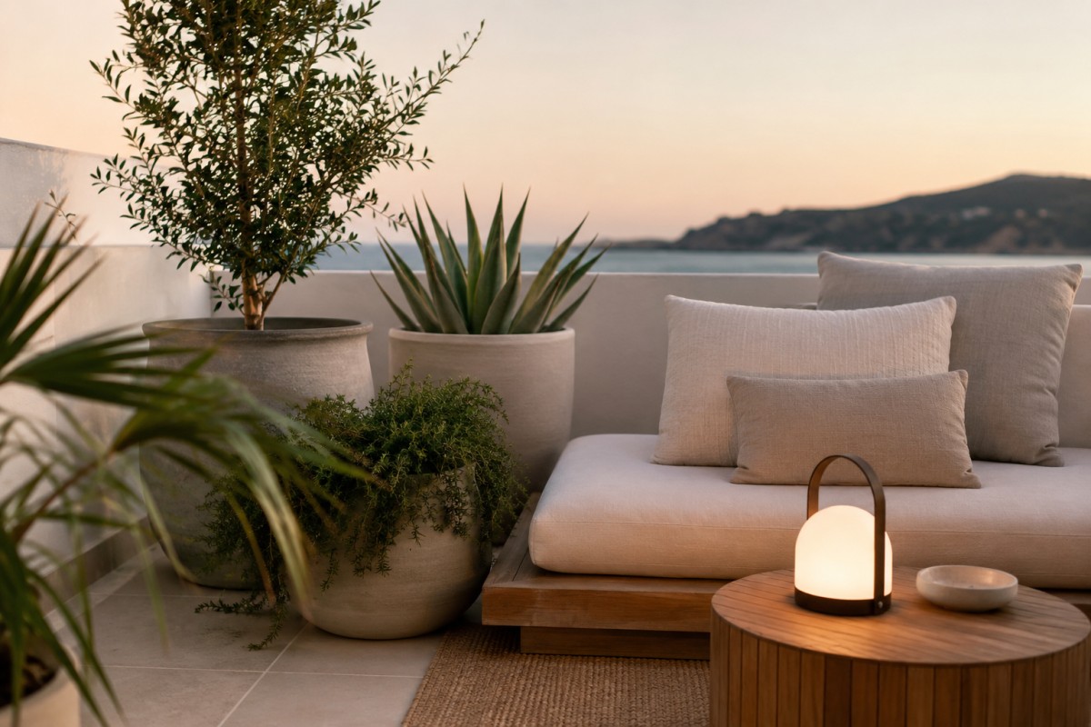Angolo terrazzo con vasi neutri, piante mediterranee e luce serale morbida