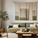 Soggiorno luminoso con tessile appeso a parete in lino e cotone naturale