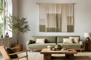Soggiorno luminoso con tessile appeso a parete in lino e cotone naturale