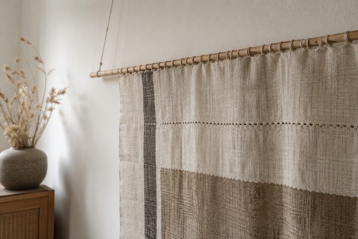 Dettaglio di tessile decorativo appeso con asta sottile in legno