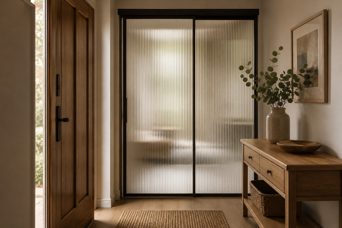 Ingresso con parete scorrevole in vetro scanalato e console in legno