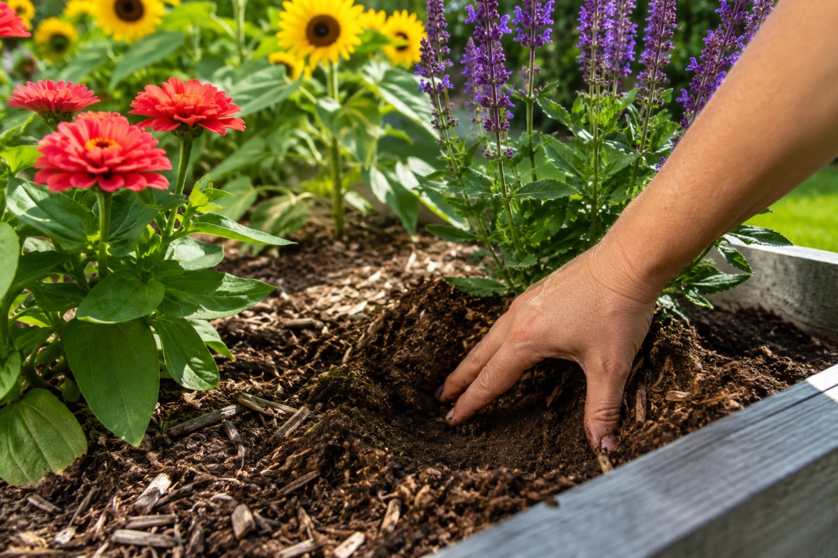 Controllo del terreno sotto la pacciamatura accanto a fiori estivi