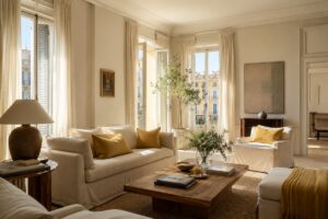 Soggiorno luminoso con accenti giallo burro e materiali naturali