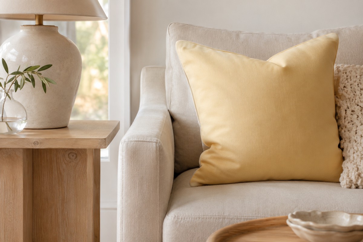 Dettaglio di tessili giallo burro con lino legno e ceramica