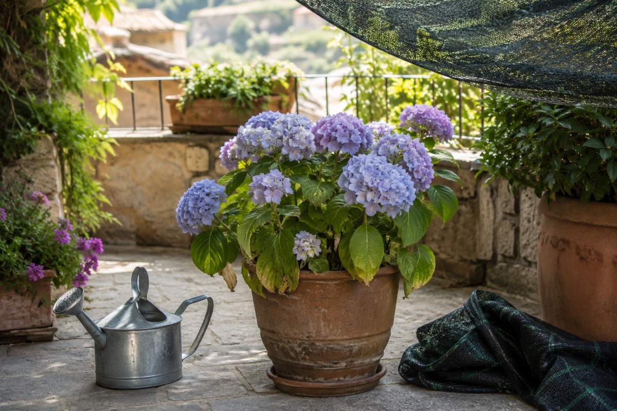 Ortensia in vaso su terrazzo ombreggiato durante il caldo di luglio